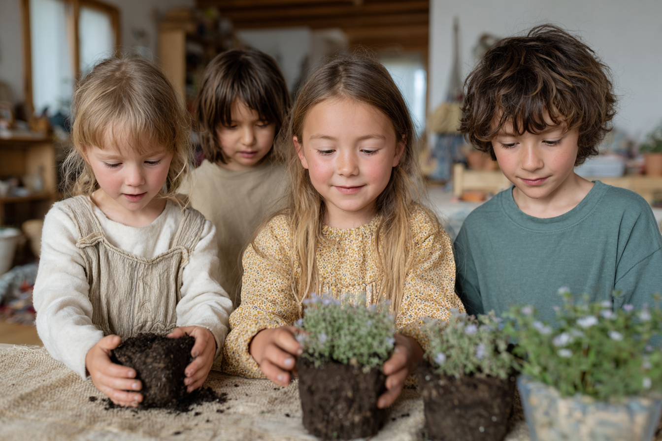 children looking at plants